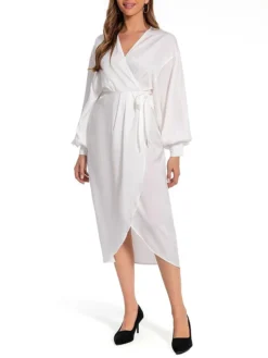 Women's Work Dress Satin Dress White Dress Fashion Midi Dress Lace Up V Neck Long Sleeve Plain Loose Fit White Fall Winter S M L XL XXL -Party Prom Dresses Sales Store jaiewu1693467038008
