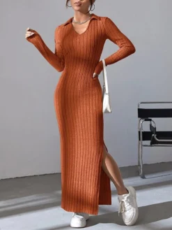 Women's Sweater Dress Winter Dress Jumper Dress Long Dress Maxi Dress Split Daily Date Going Out Active Fashion V Neck Long Sleeve 2023 Slim Black Brown Color S M L Size -Party Prom Dresses Sales Store jatwnn1693559545695