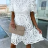 Women's Party Dress Lace Dress Cut Out Dress Mini Dress White Purple Fuchsia Short Sleeve Pure Color Lace Summer Spring Stand Collar Fashion Birthday Wedding Guest Vacation 2023 S M L XL