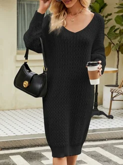 Women's Sweater Dress Winter Dress Jumper Dress Midi Dress Split Daily Date Going Out Active Fashion V Neck Long Sleeve 2023 Loose Fit Black White Camel Color S M L XL XXL Size -Party Prom Dresses Sales Store jbbhls1692858980136