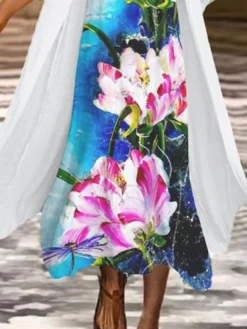 Women's Two Piece Dress Set Casual Dress Chiffon Dress Outdoor Office Fashion Casual Print Midi Dress Crew Neck 3/4 Length Sleeve Floral Loose Fit Blue Green Summer Spring M L XL XXL 3XL -Party Prom Dresses Sales Store jbotfq1680257464607