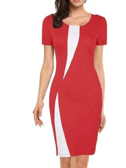 Women's Work Dress Sheath Dress Semi Formal Dress Fashion Midi Dress Patchwork Crew Neck Short Sleeve Color Block Slim Black White Wine Summer Spring S M L XL XXL -Party Prom Dresses Sales Store jbusmn1679311688048