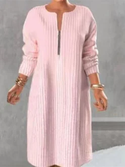 Women's Sweater Dress Winter Dress Jumper Dress Midi Dress Fashion Color Block Outdoor Street Daily Vacation V Neck Long Sleeve Zipper Print 2023 Loose Fit Black Pink Peach M L XL XXL 3XL 4XL 5XL -Party Prom Dresses Sales Store jcjwie1692080931935