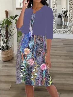 Women's Two Piece Dress Set Casual Dress Print Dress Outdoor Daily Fashion Modern Print Midi Dress Crew Neck Half Sleeve Floral Regular Fit Purple Summer Spring S M L XL XXL