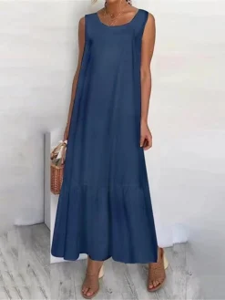 Women's Casual Dress Cotton Linen Dress Swing Dress Maxi Long Dress Linen / Cotton Blend Basic Classic Outdoor Daily Vacation Crew Neck Ruffle Sleeveless Summer Spring 2023 Regular Fit Black White -Party Prom Dresses Sales Store jcwgrl1689933386213