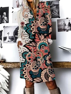 Women's Shirt Dress Casual Dress Cotton Linen Dress Midi Dress Polyester Fashion Casual Daily Outdoor Daily Vacation Shirt Collar Button Print 3/4 Length Sleeve Fall Winter Autumn 2023 Loose Fit