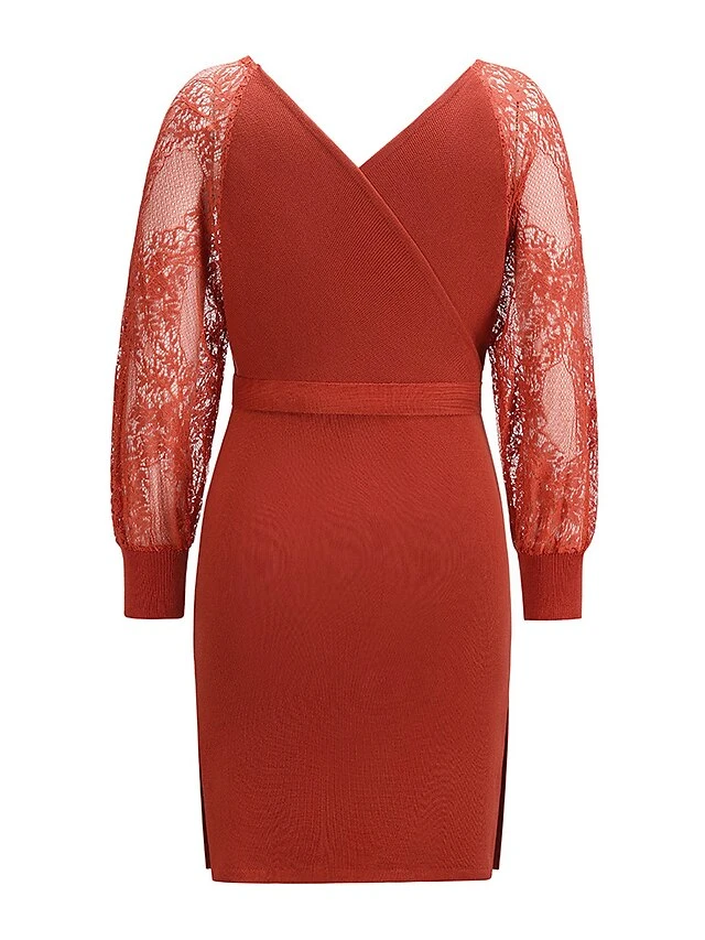 Women's Sweater Dress Knee Length Dress Blue Wine Khaki Black Long Sleeve Pure Color Lace Patchwork Fall Winter V Neck Elegant Sexy 2022 S M L XL XXL 4 Women's Sweater Dress Knee Length Dress Blue Wine Khaki Black Long Sleeve Pure Color Lace Patchwork Fall Winter V Neck Elegant Sexy 2022 S M L XL XXL - Image 4