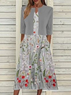 Women's Two Piece Dress Set Casual Dress Tank Dress Outdoor Daily Fashion Streetwear Pocket Print Midi Dress V Neck 3/4 Length Sleeve Floral Regular Fit Yellow Blue Fuchsia Summer Spring S M L XL XXL -Party Prom Dresses Sales Store jdurdv1689736396362