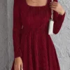 Women's Party Dress Velvet Dress Wedding Guest Dress Mini Dress Wine Long Sleeve Pure Color Ruched Spring Fall Winter Square Neck Fashion Winter Dress Evening Party Wedding Guest 2023 S M L XL