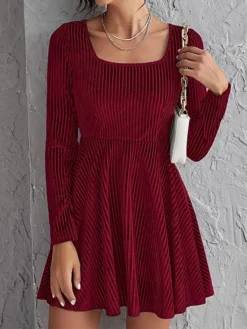 Women's Party Dress Velvet Dress Wedding Guest Dress Mini Dress Wine Long Sleeve Pure Color Ruched Spring Fall Winter Square Neck Fashion Winter Dress Evening Party Wedding Guest 2023 S M L XL
