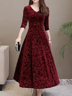 Women's Party Dress Velvet Dress Swing Dress Midi Dress Black Red Green Long Sleeve Floral Jacquard Spring Fall Winter V Neck Fashion Winter Dress Wedding Guest Vacation Slim 2023 M L XL XXL 3XL