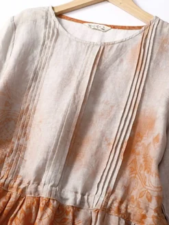 Women's Casual Dress Linen Dress Midi Dress Linen Fashion Romantic Outdoor Daily Holiday Crew Neck Pocket Print 3/4 Length Sleeve Fall Winter Autumn 2023 Loose Fit Blue Orange Painting Flower M L XL -Party Prom Dresses Sales Store jebcxm1694418652699