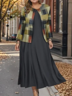 Women's Plus Size Two Piece Dress Set Casual Dress Swing Dress Outdoor Office Fashion Streetwear Print Midi Dress Crew Neck Long Sleeve Plaid Regular Fit Black Blue Brown Fall Winter L XL XXL 3XL 4XL -Party Prom Dresses Sales Store jedlul1697782565774