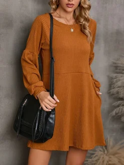 Women's Sweater Dress Winter Dress Jumper Dress Mini Dress Patchwork Pocket Outdoor Street Daily Active Fashion Crew Neck Long Sleeve 2023 Loose Fit Black Pink Wine Color S M L XL Size -Party Prom Dresses Sales Store jemkra1692773084660