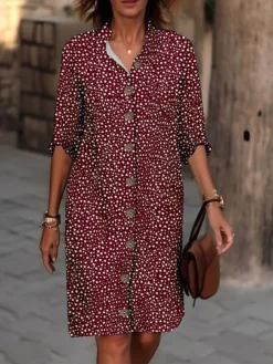 Women's Shirt Dress Casual Dress Cotton Linen Dress Midi Dress Polyester Fashion Casual Daily Outdoor Daily Vacation Shirt Collar Button Print Long Sleeve Summer Spring Fall 2023 Loose Fit Black Wine -Party Prom Dresses Sales Store jeusdk1691561584084