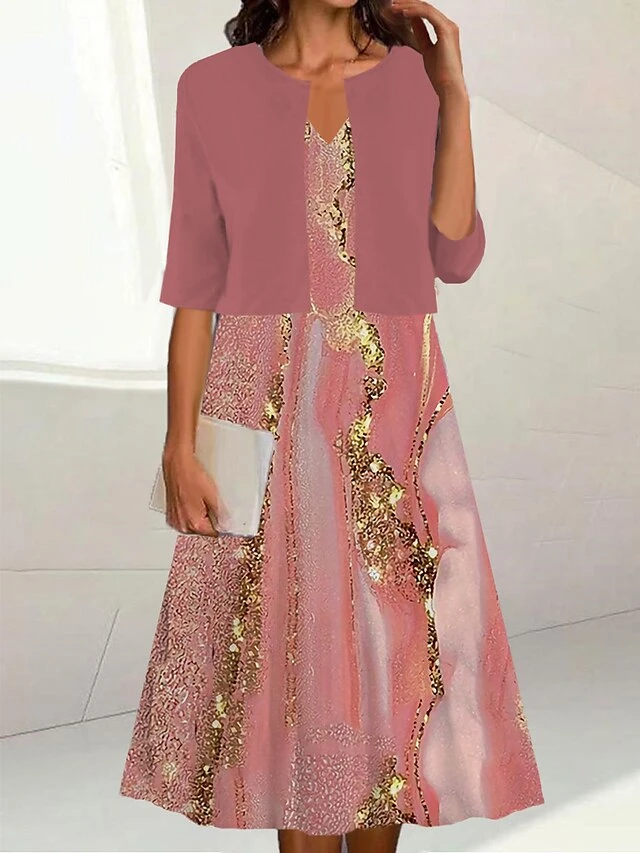 Women's Two Piece Dress Set Casual Dress Print Dress Outdoor Daily Fashion Elegant Print Midi Dress V Neck Half Sleeve Print Ombre Regular Fit Light Green Pink Dark Green Summer Spring S M L XL XXL 3 Women's Two Piece Dress Set Casual Dress Print Dress Outdoor Daily Fashion Elegant Print Midi Dress V Neck Half Sleeve Print Ombre Regular Fit Light Green Pink Dark Green Summer Spring S M L XL XXL - Image 3