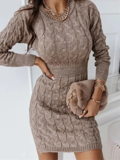 Women's Sweater Dress Winter Dress Jumper Dress Mini Dress Active Pure Color Outdoor Casual Holiday Vacation Crew Neck Long Sleeve 2023 Slim Brown S M L XL XXL 3XL