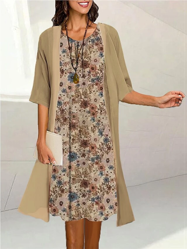 Women's Two Piece Dress Set Casual Dress Print Dress Outdoor Daily Fashion Elegant Print Midi Dress Crew Neck 3/4 Length Sleeve Floral Loose Fit Black Yellow Purple Summer Spring S M L XL XXL 4 Women's Two Piece Dress Set Casual Dress Print Dress Outdoor Daily Fashion Elegant Print Midi Dress Crew Neck 3/4 Length Sleeve Floral Loose Fit Black Yellow Purple Summer Spring S M L XL XXL - Image 4