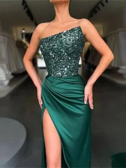 Women‘s Christmas Prom Dress Party Dress Sequin Dress Long Dress Maxi Dress Wine Green Sleeveless Pure Color Sparkly Glitter Sequins Fall Winter Autumn Strapless Fashion Winter Dress Wedding Guest