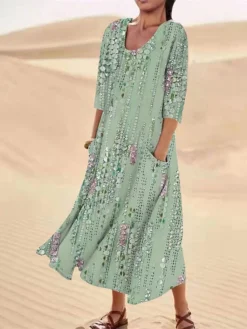 Women's Casual Dress Cotton Linen Dress Midi Dress Polyester Fashion Casual Daily Outdoor Daily Vacation Crew Neck Pocket Print Half Sleeve Summer Spring Fall 2023 Loose Fit ArmyGreen White Red Leaf -Party Prom Dresses Sales Store jgbxsw1690365370530