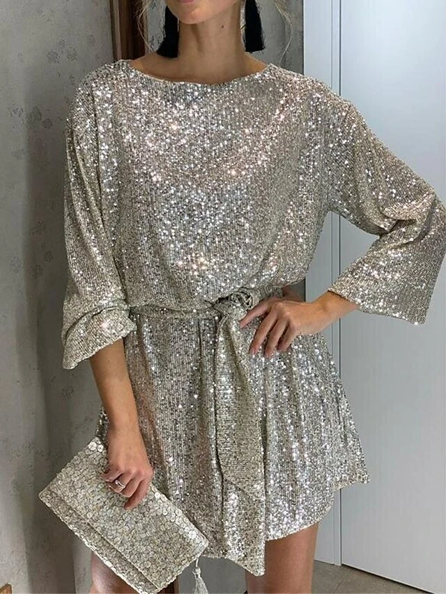 Women's Party Dress Sequin Dress Black Dress Homecoming Cocktail Dress Mini Dress Silver White Long Sleeve Pure Color Sparkly Glitter Lace Up Winter Dress 6 Women's Party Dress Sequin Dress Black Dress Homecoming Cocktail Dress Mini Dress Silver White Long Sleeve Pure Color Sparkly Glitter Lace Up Winter Dress - Image 6