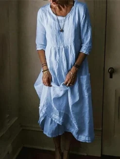 Women's Cotton Linen Dress Casual Dress Maxi Long Dress Cotton Basic Casual Outdoor Daily Vacation Crew Neck Pocket Half Sleeve Summer Spring 2023 Loose Fit Black Yellow Blue Plain S M L XL 2XL