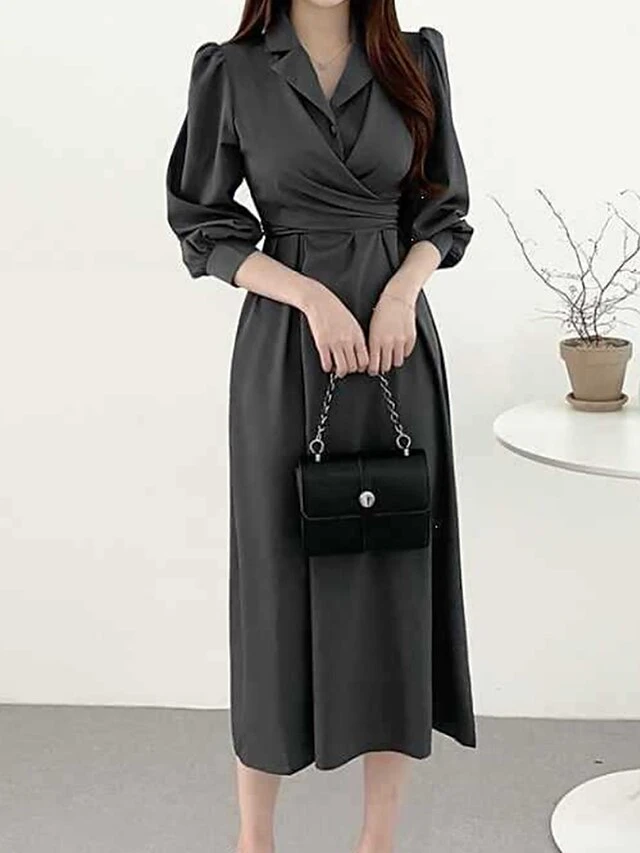 Women's Work Dress Semi Formal Dress A Line Dress Fashion Office Daily Workfashion Midi Dress Ruched Button Shirt Collar Long Sleeve Plain Loose Fit Black Army Green Gray Fall Winter S M L XL 4 Women's Work Dress Semi Formal Dress A Line Dress Fashion Office Daily Workfashion Midi Dress Ruched Button Shirt Collar Long Sleeve Plain Loose Fit Black Army Green Gray Fall Winter S M L XL - Image 4