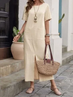 Women's Casual Dress Cotton Linen Dress Shift Dress Midi Dress Cotton Blend Fashion Classic Outdoor Daily Vacation Crew Neck Pocket Split Short Sleeve Summer Spring 2023 Loose Fit ArmyGreen Wine Navy