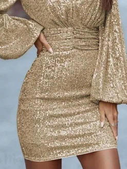 Women's Party Dress Sequin Dress Cocktail Dress Mini Dress Gold Long Sleeve Pure Color Sequins Spring Fall Winter V Neck Fashion Wedding Guest Vacation 2023 S M L XL XXL 3XL -Party Prom Dresses Sales Store jhhozj1696489170753
