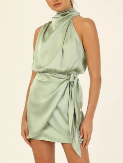 Women's Party Dress Homecoming Dress Cocktail Dress Mini Dress Black Champagne Light Green Sleeveless Pure Color Lace Up Spring Fall Winter Halter Neck Fashion Wedding Guest Birthday Vacation Loose -Party Prom Dresses Sales Store jhqnbn1693535339917