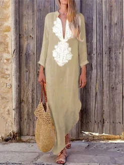 Women's Casual Dress Cotton Linen Dress Shift Dress Maxi Long Dress Cotton Blend Basic Casual Outdoor Daily Vacation V Neck Print Long Sleeve Summer Spring Fall 2023 Loose Fit Yellow Sky Blue Khaki