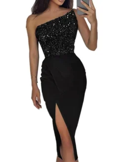 Women‘s Christmas Party Dress Sequin Dress Cocktail Dress Midi Dress Black Red Blue Sleeveless Pure Color Sparkly Glitter Sequins Spring Fall Winter One Shoulder Fashion Wedding Guest Birthday -Party Prom Dresses Sales Store jibydb1692685509827