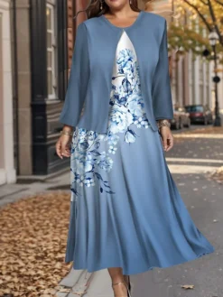 Women's Plus Size Two Piece Dress Set Casual Dress Swing Dress Outdoor Office Fashion Streetwear Print Midi Dress Crew Neck Long Sleeve Floral Ombre Regular Fit Blue Purple Green Fall Winter L XL XXL -Party Prom Dresses Sales Store jiutio1697784919063