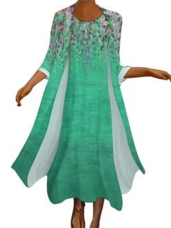 Women's Dress Set Two Piece Dress Long Dress Maxi Dress Blue Green Long Sleeve Color Block Print Summer Spring Crew Neck Vacation Winter Dress Fall Dress Loose Fit 2023 S M L XL XXL 3XL 4XL 5XL -Party Prom Dresses Sales Store jjwptn1663758523539