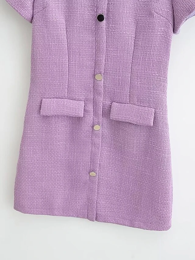 Women's Work Dress Casual Dress Sheath Dress Fashion Office Daily Mini Dress Patchwork Button Stand Collar Short Sleeve Plain Regular Fit Purple Fall Winter S M L 5 Women's Work Dress Casual Dress Sheath Dress Fashion Office Daily Mini Dress Patchwork Button Stand Collar Short Sleeve Plain Regular Fit Purple Fall Winter S M L - Image 5