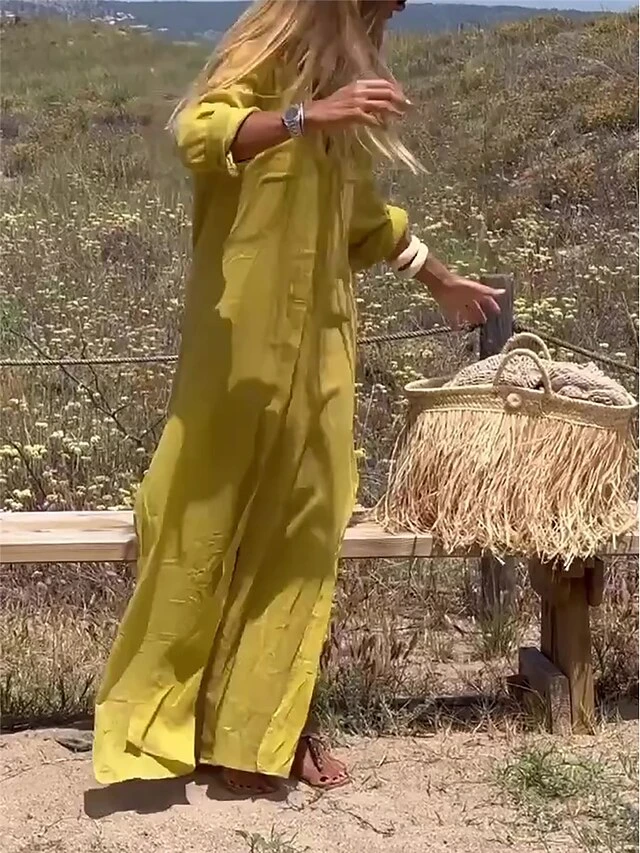 Women's Casual Dress Cotton Linen Dress Maxi Long Dress Cotton Blend Fashion Classic Outdoor Daily Vacation V Neck Button Pocket 3/4 Length Sleeve Summer Spring Fall 2023 Loose Fit Yellow Blue Purple 4 Women's Casual Dress Cotton Linen Dress Maxi Long Dress Cotton Blend Fashion Classic Outdoor Daily Vacation V Neck Button Pocket 3/4 Length Sleeve Summer Spring Fall 2023 Loose Fit Yellow Blue Purple - Image 4