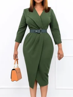 Women's Work Dress Casual Dress Sheath Dress Fashion Office Daily Workfashion Midi Dress Lace Up Ruched V Neck Long Sleeve Plain Regular Fit Red Green Dark Blue Fall Winter S M L XL XXL -Party Prom Dresses Sales Store jkeihn1695645164858