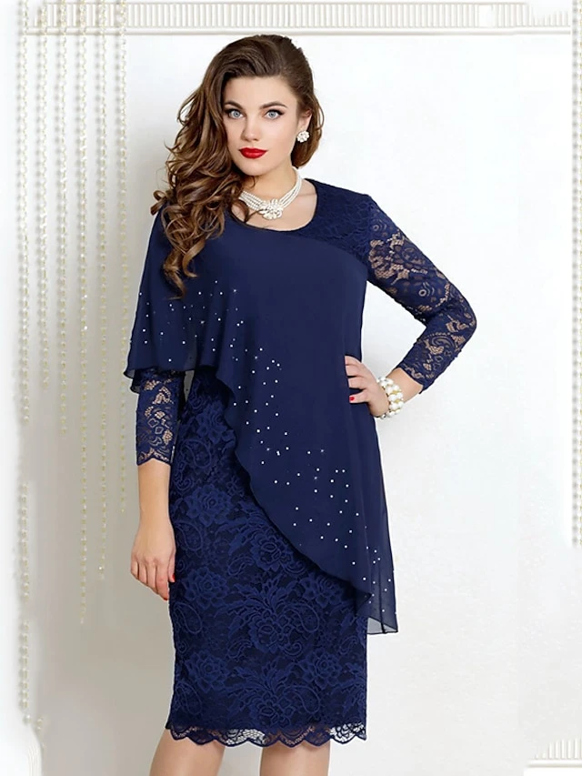Women's Party Dress Work Dress Sheath Dress Midi Dress Navy Blue Blue Green 3/4 Length Sleeve Pure Color Lace Spring Fall Crew Neck Mature Office Summer Dress Spring Dress 2023 S M L XL XXL 3XL 4XL 4 Women's Party Dress Work Dress Sheath Dress Midi Dress Navy Blue Blue Green 3/4 Length Sleeve Pure Color Lace Spring Fall Crew Neck Mature Office Summer Dress Spring Dress 2023 S M L XL XXL 3XL 4XL - Image 4