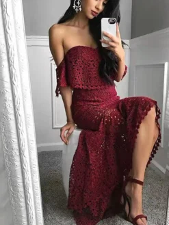 Women's Lace Dress Dress Set Two Piece Dress Long Dress Maxi Dress White Wine Dark Blue Short Sleeve Pure Color Lace Summer Spring Strapless Stylish Slim 2023 S M L XL -Party Prom Dresses Sales Store jkizwg1639730457292