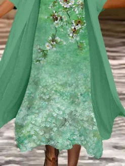 Women's Two Piece Dress Set Casual Dress Chiffon Dress Outdoor Office Fashion Casual Print Midi Dress Crew Neck 3/4 Length Sleeve Floral Loose Fit Blue Green Summer Spring M L XL XXL 3XL -Party Prom Dresses Sales Store jktlkh1680257462842