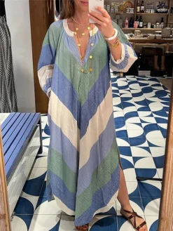 Women's Casual Dress A Line Dress Summer Dress Long Dress Maxi Dress Polyester Fashion Streetwear Outdoor Daily Date V Neck Pocket Split Long Sleeve Summer Spring Fall 2023 Regular Fit Blue Geometric