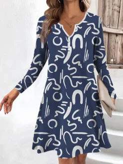 Women's Work Dress Casual Dress Fashion Winter Dress Daily Mini Dress Button Print V Neck Long Sleeve Letter Regular Fit Navy Blue Blue Green Fall Winter S M L XL XXL -Party Prom Dresses Sales Store jkxbeg1694670733751