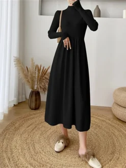 Women's Sweater Dress Jumper Dress Casual Dress Midi Dress Fashion Plain Outdoor Daily Going Out Turtleneck Long Sleeve 2023 Loose Fit Black Apricot One Size -Party Prom Dresses Sales Store jlfftc1695630307205