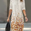 Women's Shirt Dress Casual Dress Cotton Linen Dress Midi Dress Polyester Fashion Casual Daily Outdoor Daily Vacation Crew Neck Button Print 3/4 Length Sleeve Spring Fall Autumn 2023 Loose Fit Light