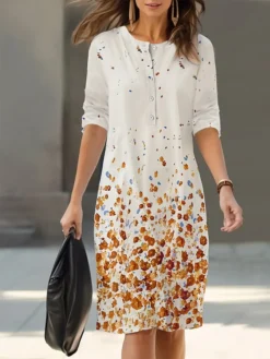 Women's Shirt Dress Casual Dress Cotton Linen Dress Midi Dress Polyester Fashion Casual Daily Outdoor Daily Vacation Crew Neck Button Print 3/4 Length Sleeve Spring Fall Autumn 2023 Loose Fit Light