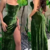 Women‘s Christmas Party Dress Velvet Dress Wedding Guest Dress Long Dress Maxi Dress Green Sleeveless Pure Color Split Spring Fall Winter Spaghetti Strap Winter Dress Evening Party Wedding