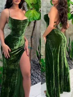 Women‘s Christmas Party Dress Velvet Dress Wedding Guest Dress Long Dress Maxi Dress Green Sleeveless Pure Color Split Spring Fall Winter Spaghetti Strap Winter Dress Evening Party Wedding