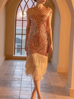 Women‘s Party Dress Fringe Dress Sequin Dress Black Dress Midi Dress White Champagne Short Sleeve Pure Color Sparkly Glitter Sequins Spring Fall Winter Crew Neck Fashion Wedding Guest Birthday -Party Prom Dresses Sales Store jltril1692178318041