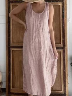 Women's Casual Dress Cotton Linen Dress Shift Dress Midi Dress Bamboo Modern Casual Daily U Neck Ruched Sleeveless Summer Spring 2023 Regular Fit Black White Pink Pure Color S M L XL 2XL -Party Prom Dresses Sales Store jlueko1682564079107