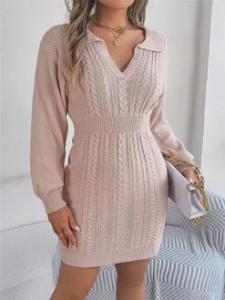 Women's Sweater Dress Winter Dress Jumper Dress Mini Dress Warm Pure Color Outdoor Casual Holiday Vacation V Neck Long Sleeve 2023 Regular Fit Pink Burgundy Green S M L -Party Prom Dresses Sales Store jlvkox1696926503186